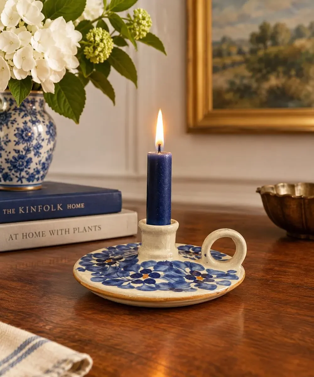 Vintage Eduardo Vega Ceramic Chamberstick Candle Holder Blue Floral Ecuador
